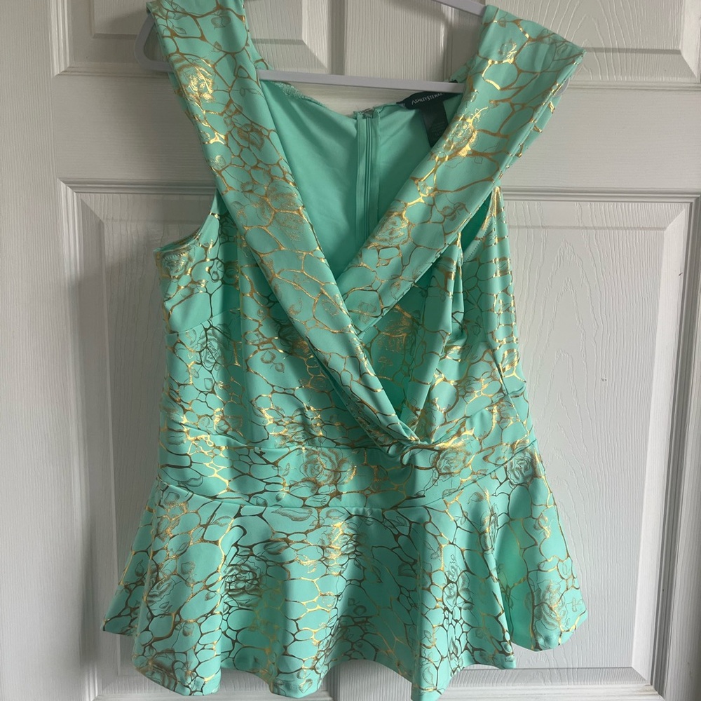 Green and Gold Sleeveless Peplum Top